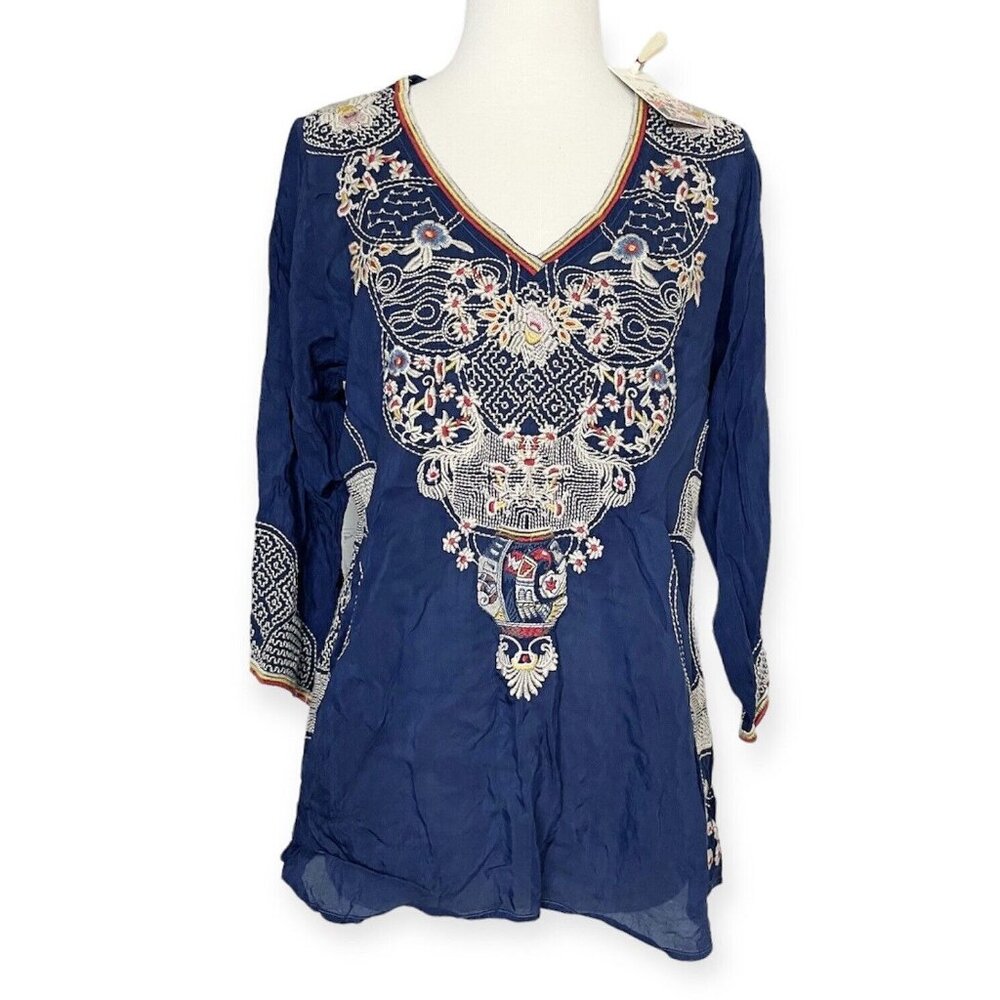 Johnny Was Peyton Blouse Women’s S Colorful Embroidered Blue Rayon Boho V-neck